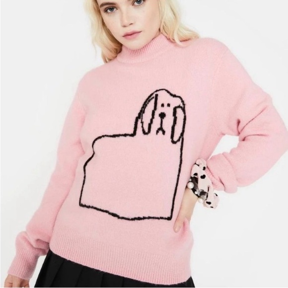 Lazy Oaf Sweaters - Lazy Oaf Pink Dog Print Mock Neck Sweater